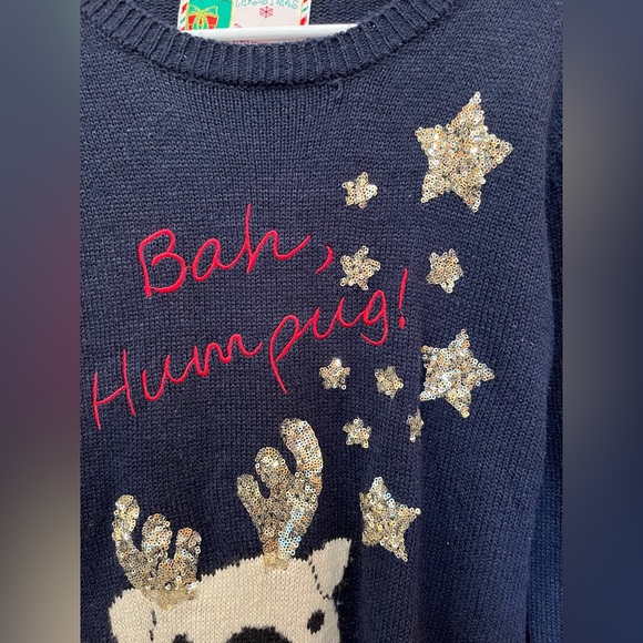 Bah Humpug Christmas Pug Sweater Navy Blue w/ Gold Sequin Stars & Antlers Medium - Picture 2 of 6